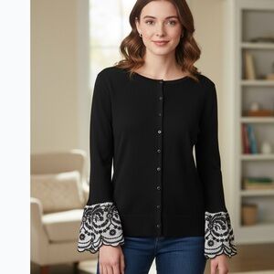 Charter Club Black Button Down Sweater with White cuffs embroidered in black